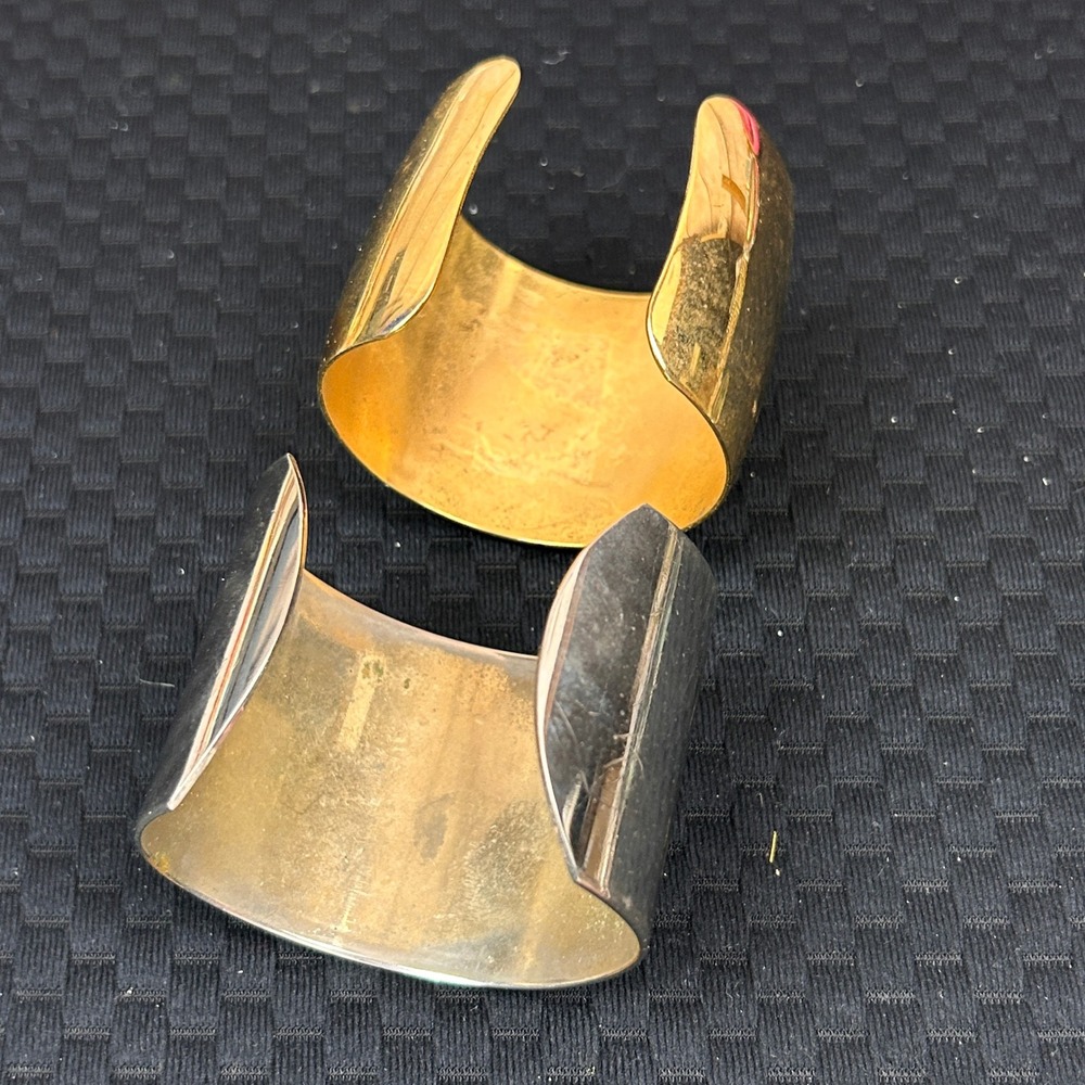 Vintage Style Wide Metallic Cuff Bracelet Set Gold and Silver Tone Minimalist - Picture 2 of 6